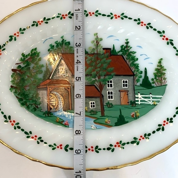 Hand-painted Milk Glass Oval Platter Old Mill Scene 13” x 10” - Picture 4 of 8